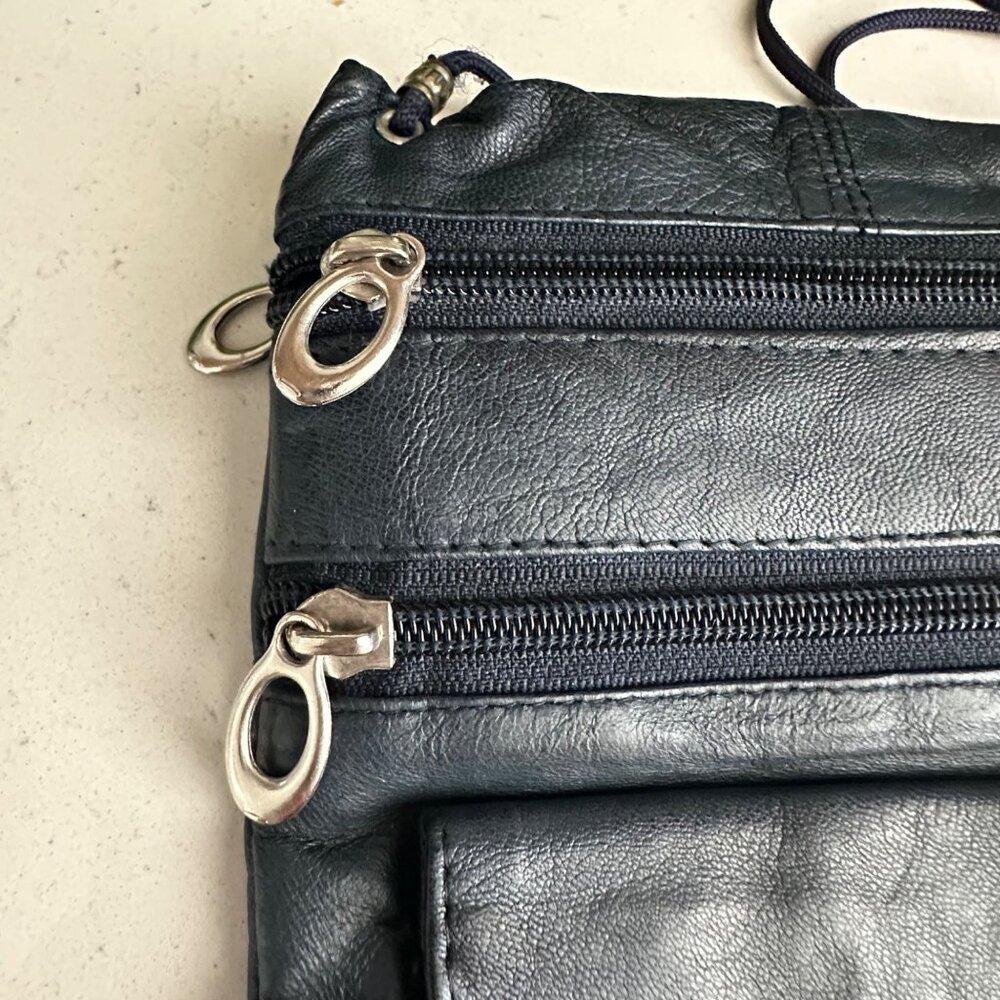 Genuine Leather Crossbody Bag With Multi Zipper Pockets & Adjustable Strap - Mad - Picture 5 of 8
